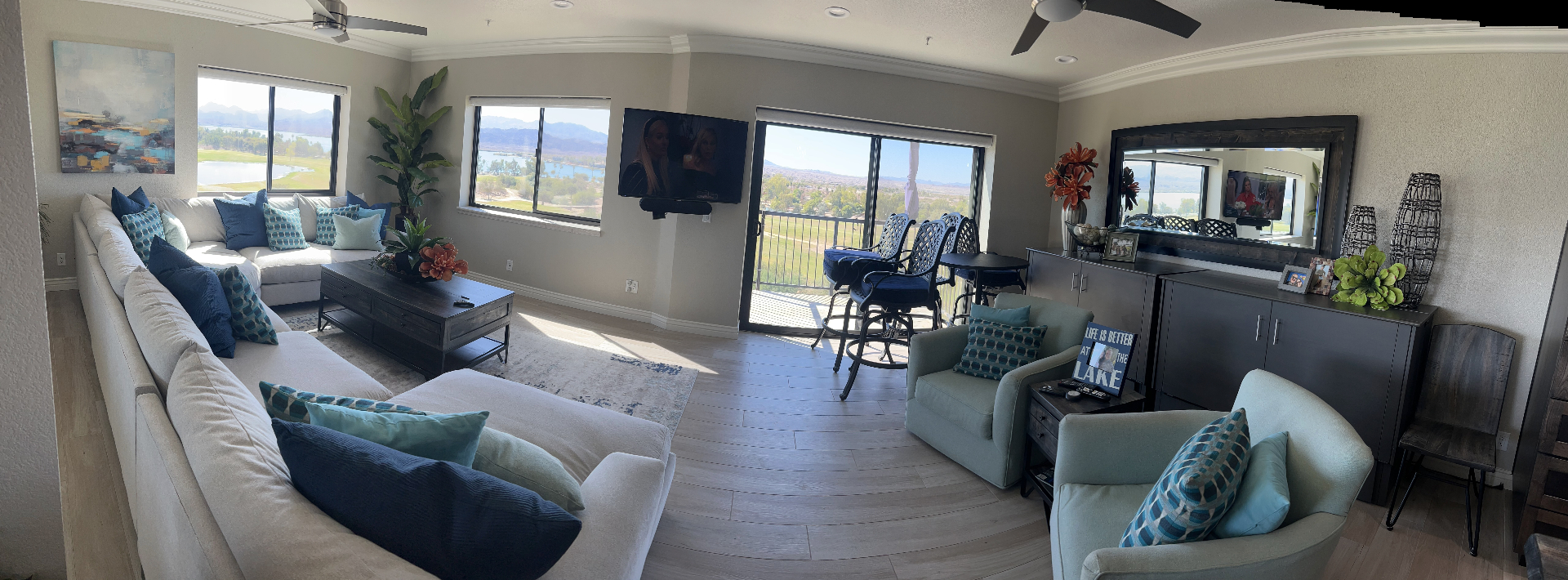 Panoramic view of the living room and balcony