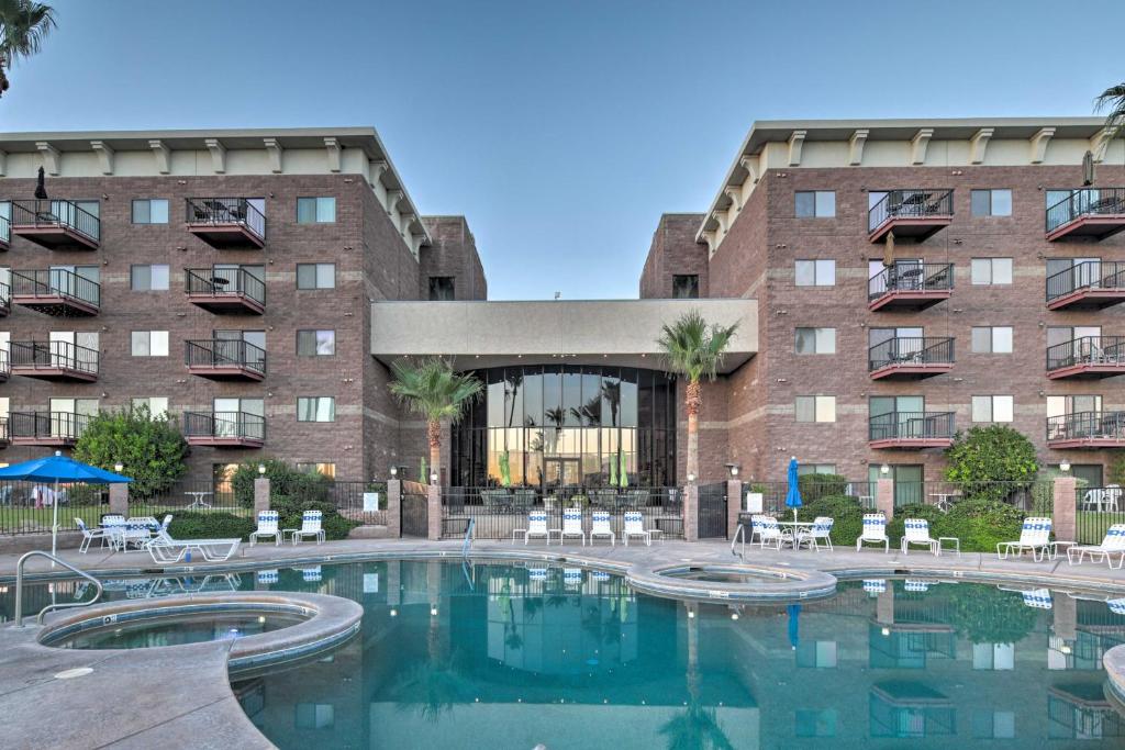 Pool and resort building at golden hour