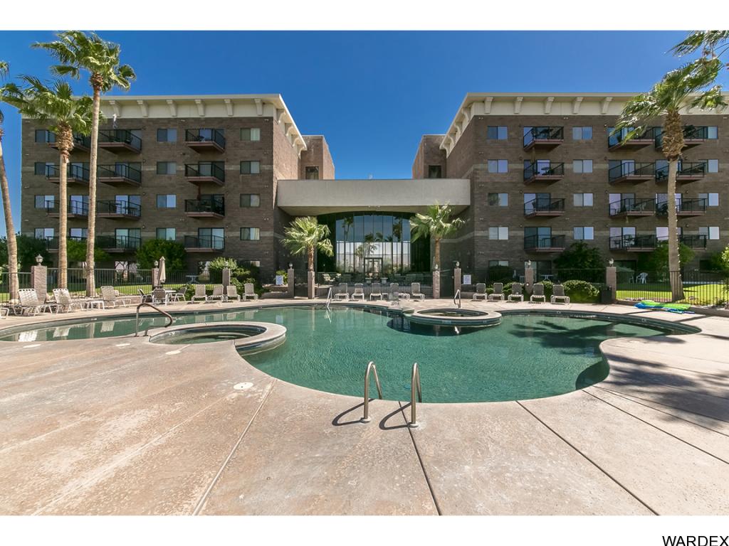 Resort pool and spas framed by the two central towers